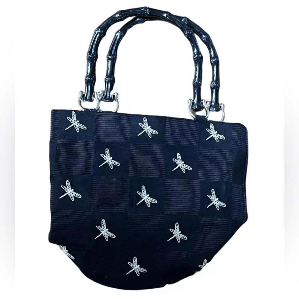 Talbots Handbag Embroidered Dragonflies  Purse Black Double Handles Zip Pocket
